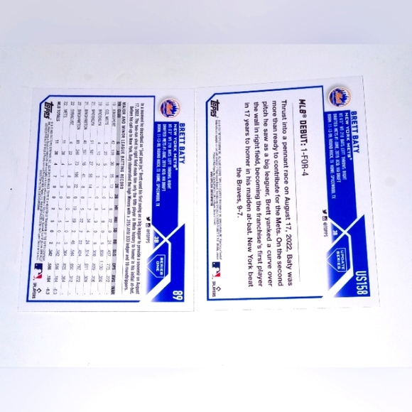 Brett Baty Rookie Cards Topps 2023 Series One #89 + 2023 Update #US158 - Picture 2 of 2